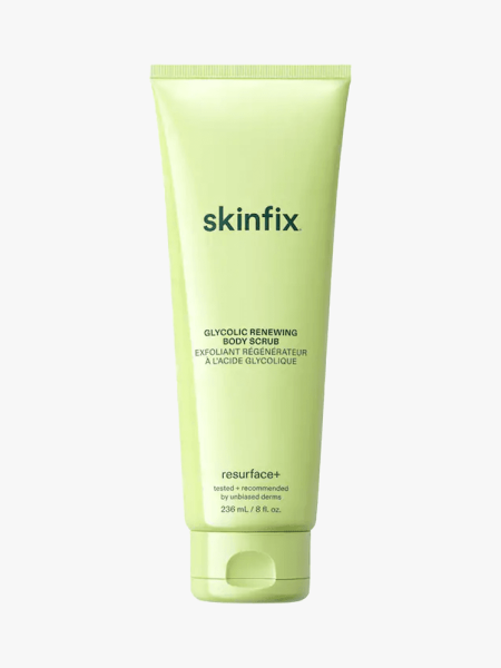 Skinfix Resurface+ Glycolic Renewing Body Scrub in branded tube component on a light gray background